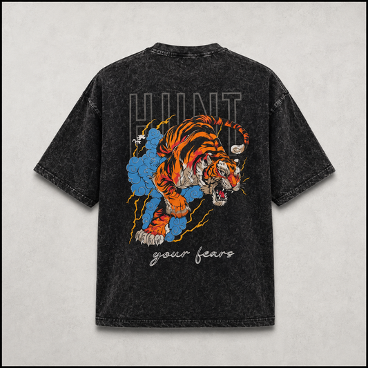 HUNT YOUR FEARS | Black acid wash Oversized Tee 3D