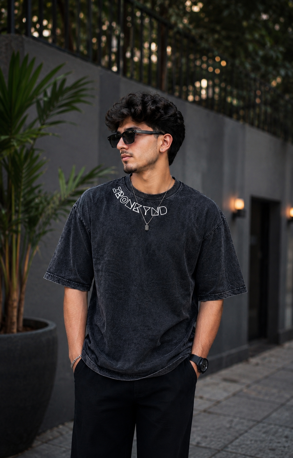 HUNT YOUR FEARS | Black acid wash Oversized Tee 3D