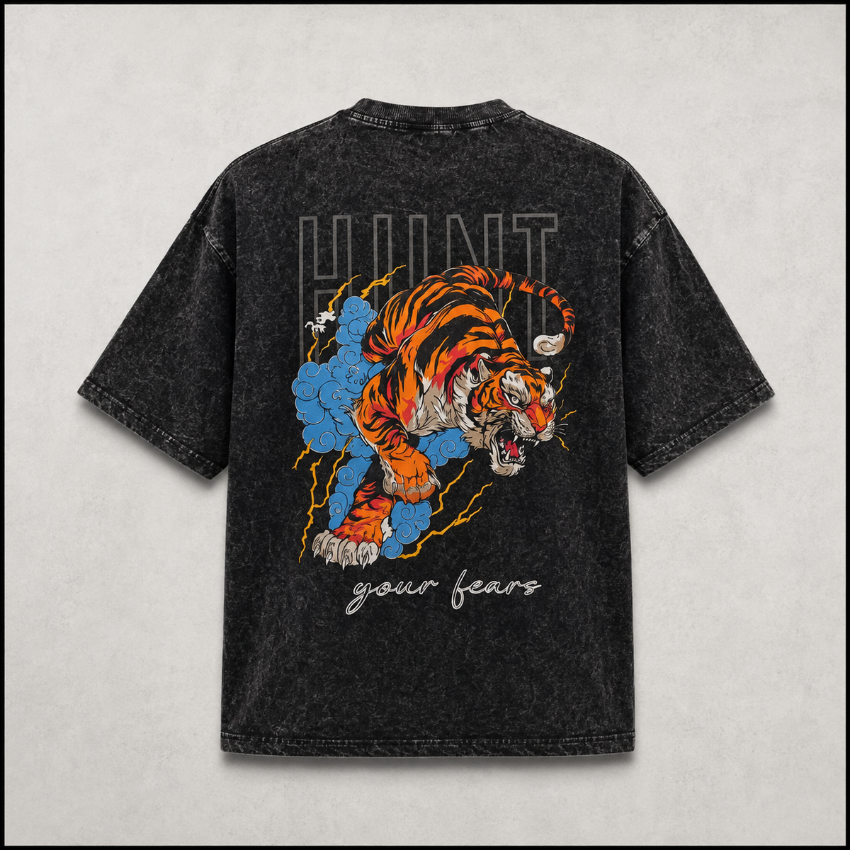 HUNT YOUR FEARS | Black acid wash Oversized Tee 3D
