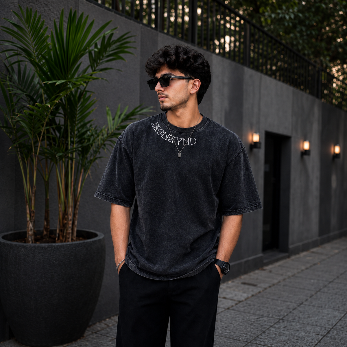 HUNT YOUR FEARS | Black acid wash Oversized Tee 3D