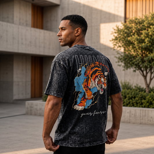 HUNT YOUR FEARS | Black acid wash Oversized Tee 3D