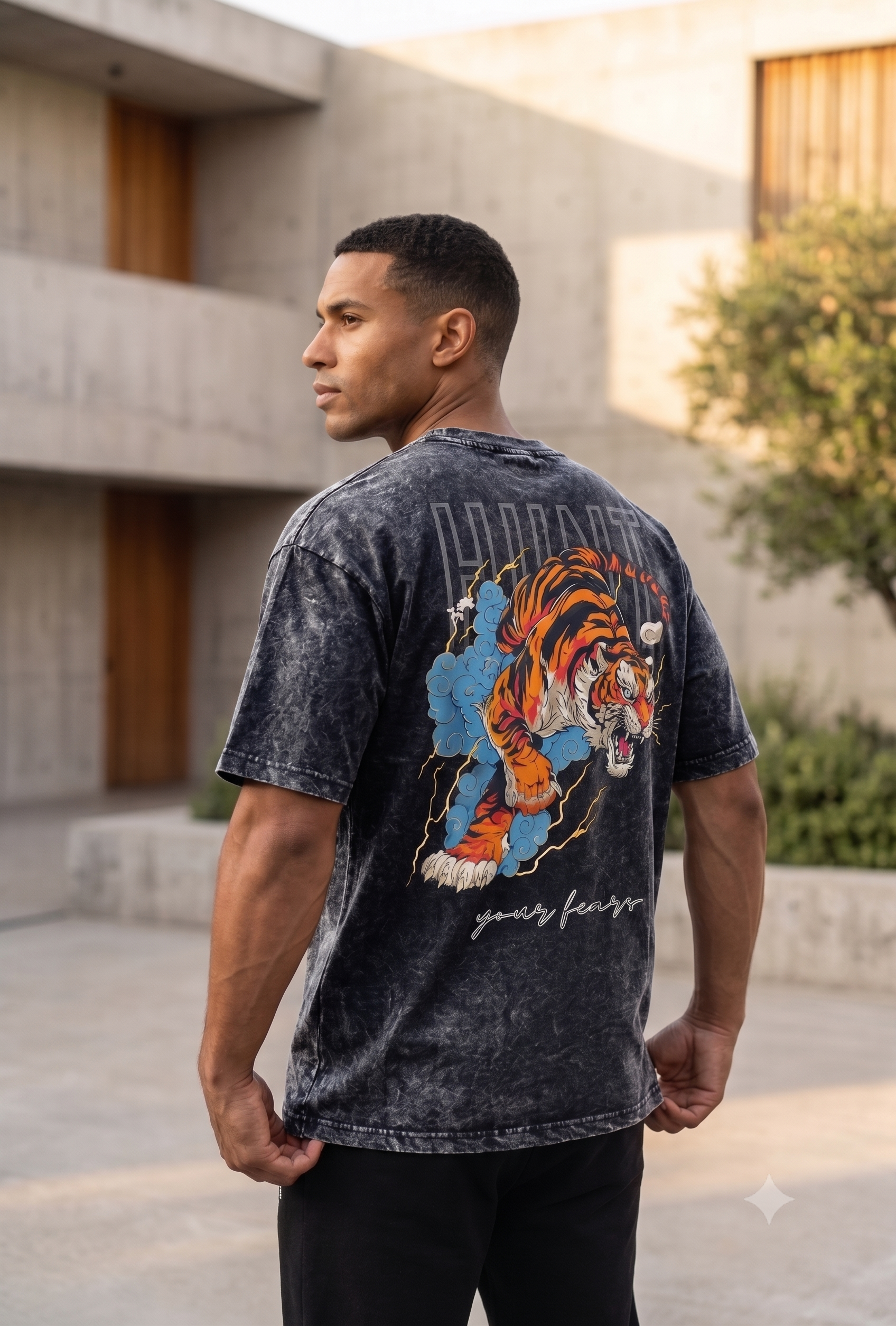 HUNT YOUR FEARS | Black acid wash Oversized Tee 3D